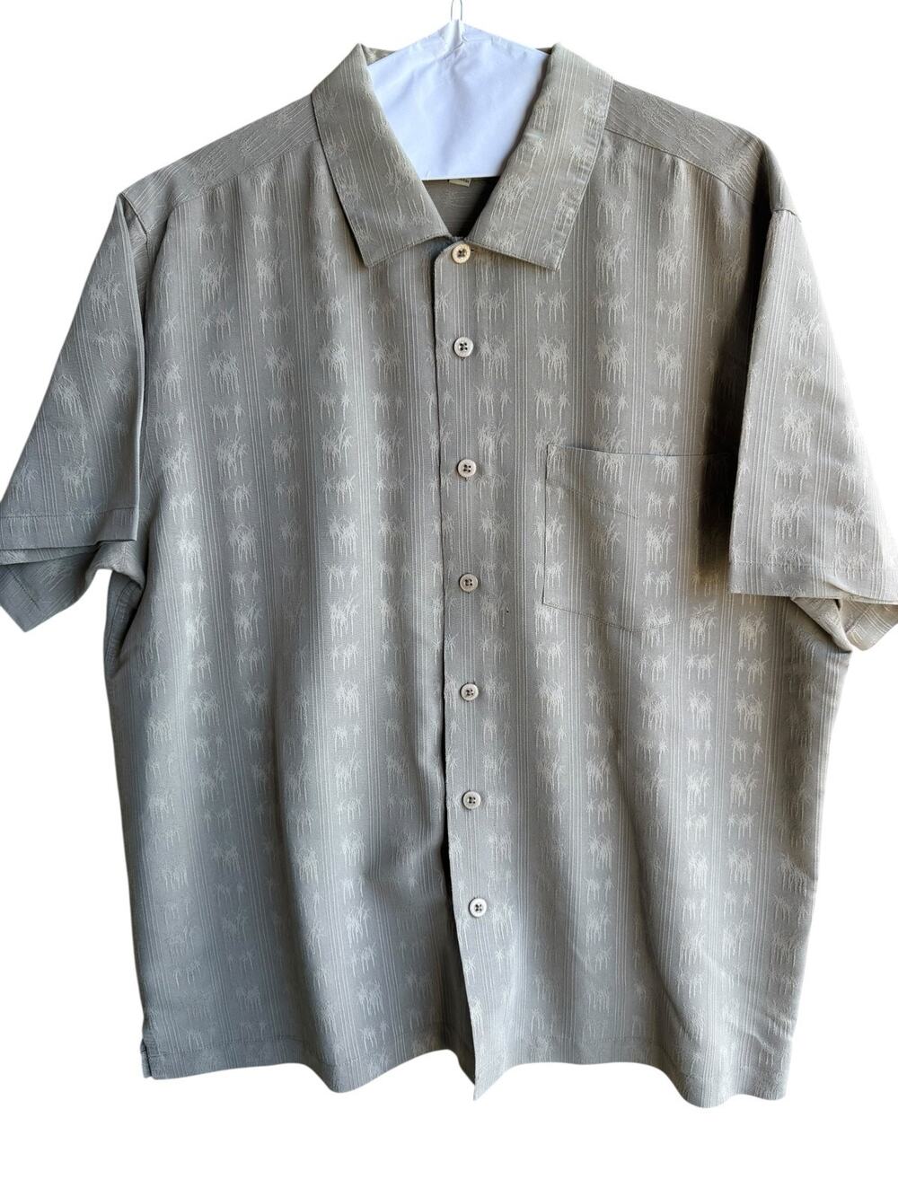 Solitude Men’s Vintage Beige Palm Tree Print Hawaiian Button-Up Tropical Shirt L